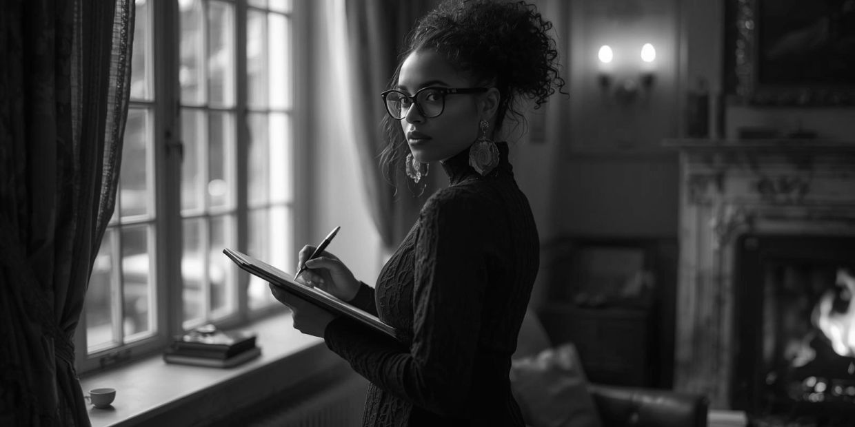 Woman in glasses writing on a notepad by a window in a cozy room.