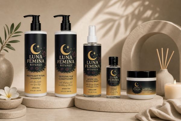 Luna Femina Rituals hair care products arranged on a beige surface with natural decor.