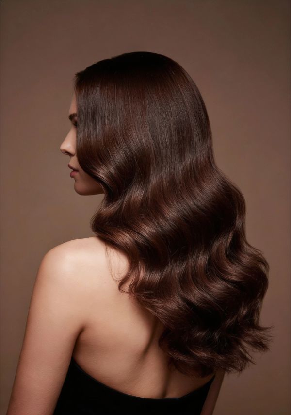 Woman with long, glossy, wavy brown hair against a neutral background.