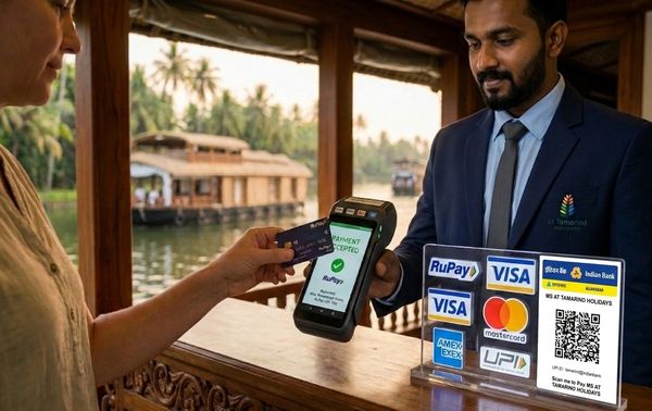 A customer makes a digital payment on a boat using a card and a POS machine.