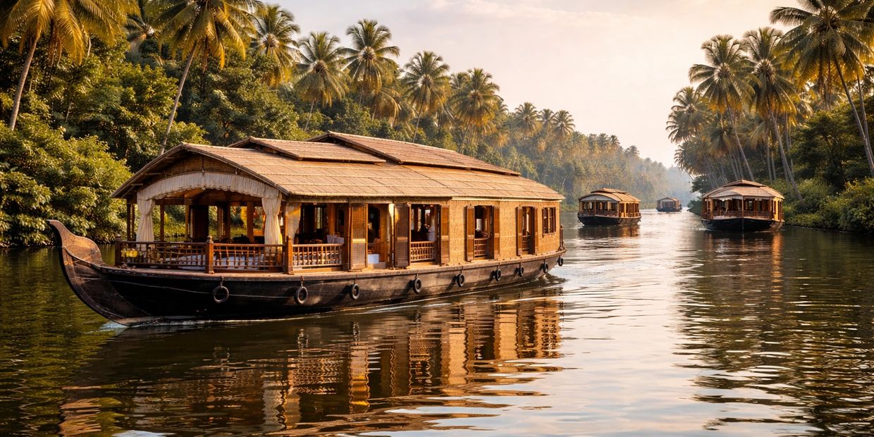 Traditional houseboats glide along a tropical river lined with palm trees at sunset.