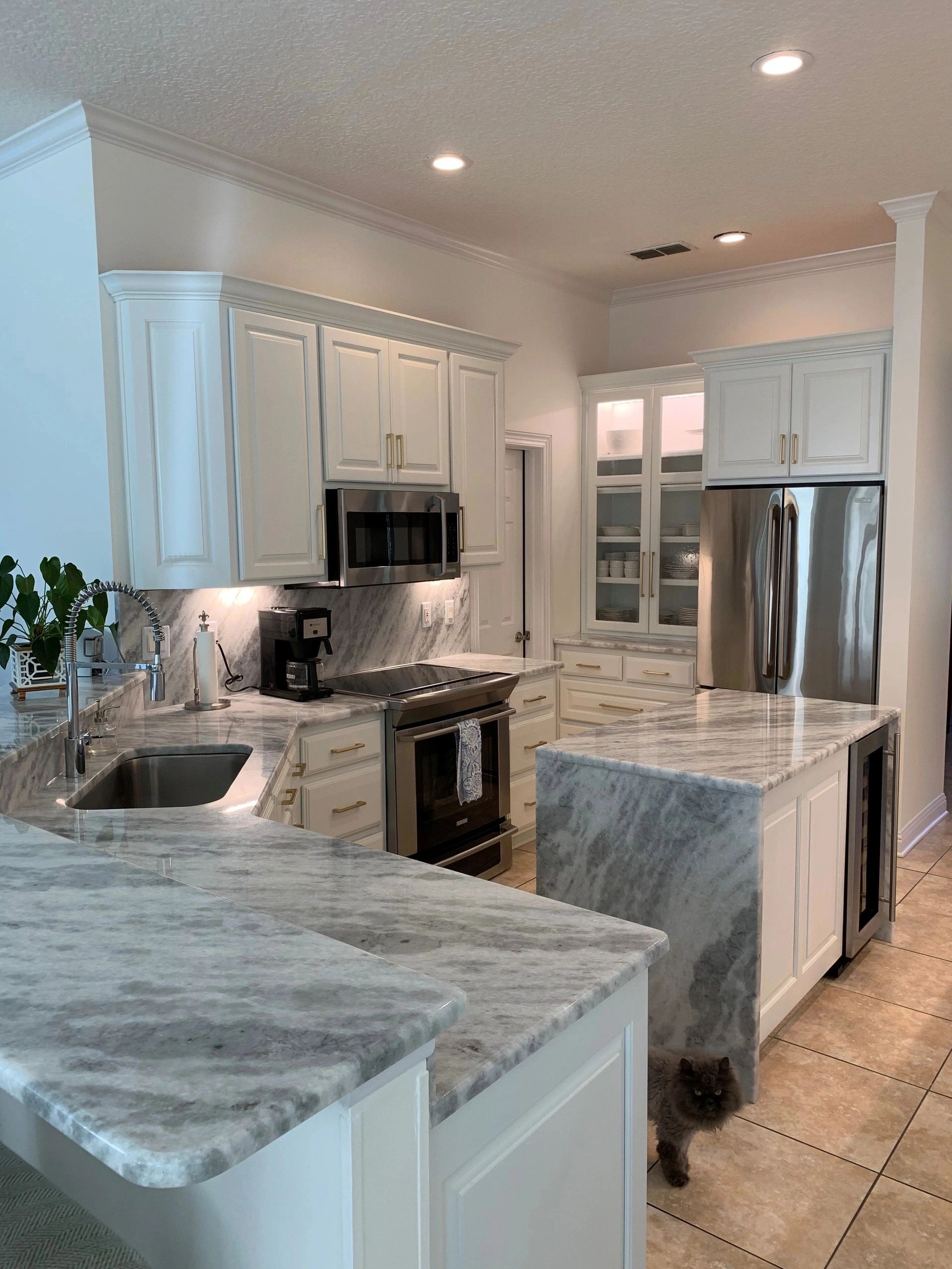 Modern kitchen with marble countertops and a cat.