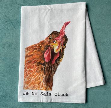 This is a tea towel of my pet hen Peepen, a gold sex-link.