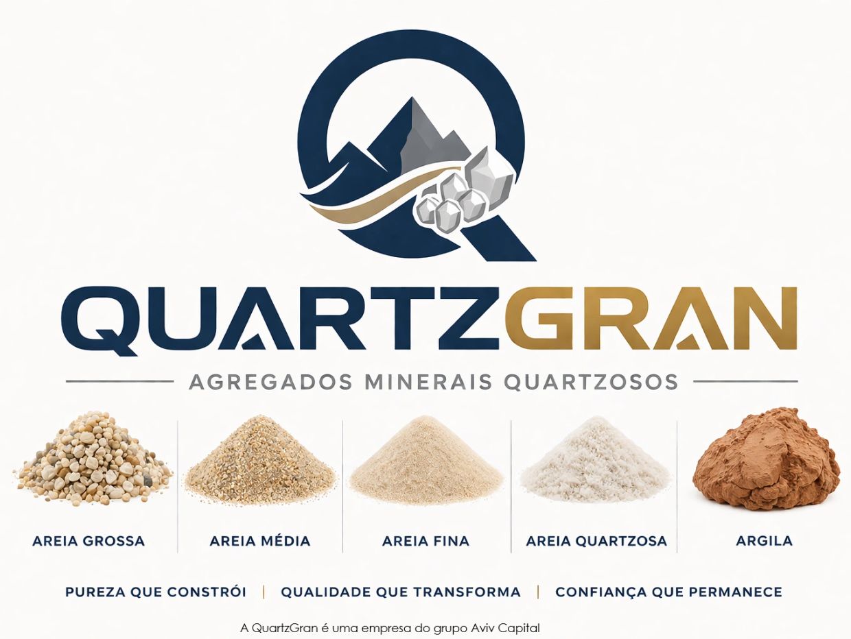 QuartzGran logo showcasing various quartz mineral aggregates and clay products.