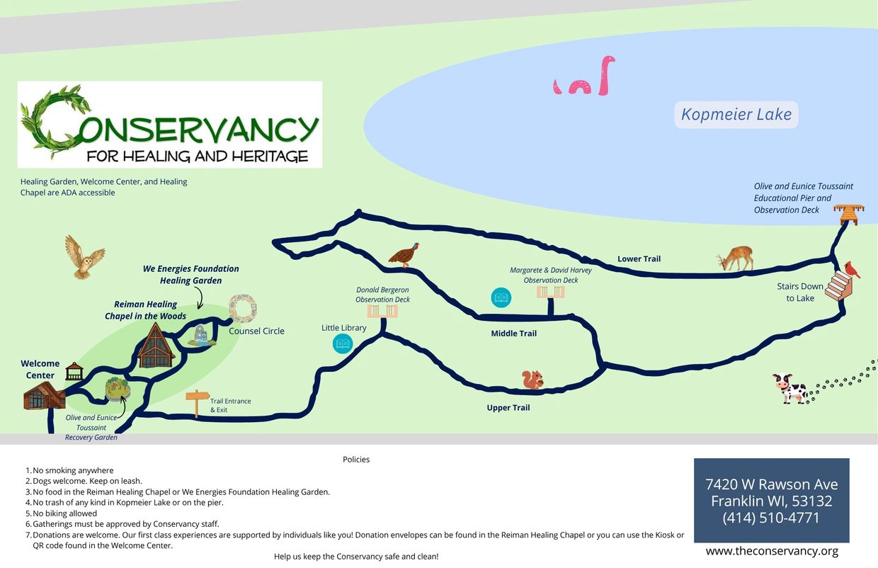 Walking map of Conservancy. Lines on a green background with symbols indicating buildings, animals,