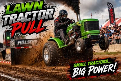 Lawn tractor pulling event showcasing power and speed.