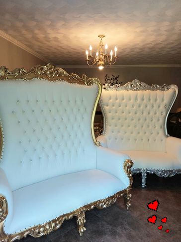 THRONE LOVESEATS : WHITE WITH GOLD TRIM AND WHITE WITH SILVER TRIM!