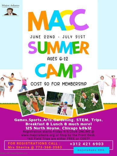 Colorful flyer for MACC Summer Camp for kids ages 6-12 with games, sports, and more.