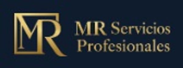 Elegant gold logo with 'MR Servicios Profesionales' on dark background.