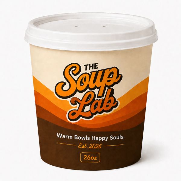 A branded soup container from The Soup Lab.