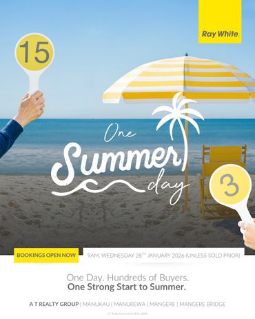Beach scene with auction paddles and summer-themed text by Ray White.