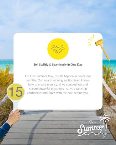 Auction paddle with number 15 held on a beach boardwalk promoting quick summer sales.
