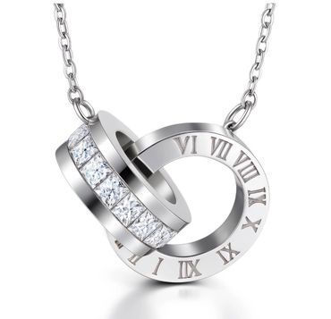 Silver necklace with interlocking rings, one adorned with Roman numerals and the other with sparkling gems.