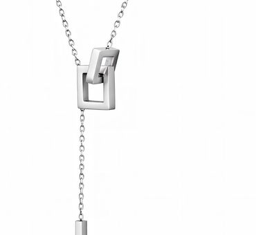 Elegant silver necklace with geometric pendant and vertical bar drop.