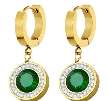Gold hoop earrings with green and white gemstone pendants.