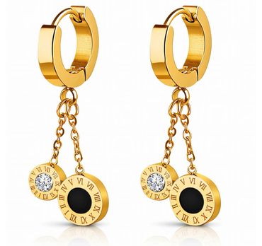 Pair of gold hoop earrings with dangling Roman numeral charms and a crystal.