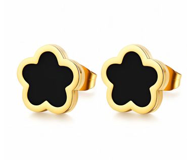 Gold and black flower-shaped stud earrings.