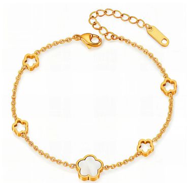 Elegant gold bracelet with flower-shaped links and an adjustable chain.