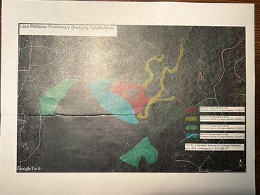 "Lake Mallalieu Preliminary Dredging Target Areas" showing total estimated volume of dredged mater