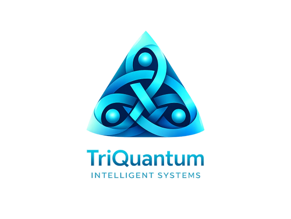 Blue triangular logo with interwoven design and text 'TriQuantum Intelligent Systems'.