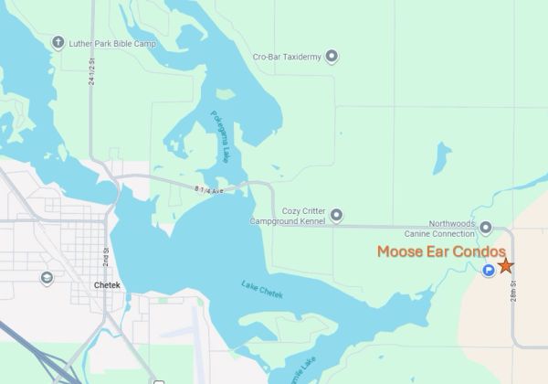 Map showing Moose Ear Condos near Lake Chetek and Chetek town.