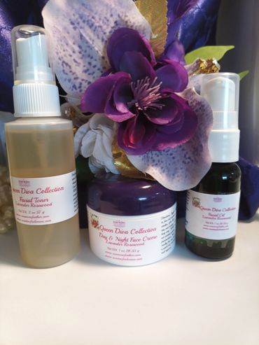 Queen Diva Collection focus on products for face: facial toner, facial oil, face moisturizer