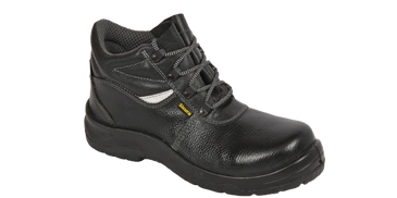 Black leather safety boot with ankle support and laces.