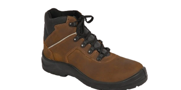A brown leather hiking boot with black sole and laces.