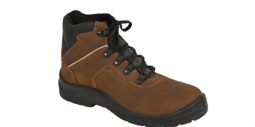 A brown leather hiking boot with black sole and laces.