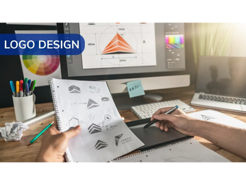 Designers sketching logo concepts using digital tools and sketches.