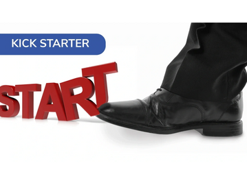 A foot about to kick the word "START" under a label "KICK STARTER".