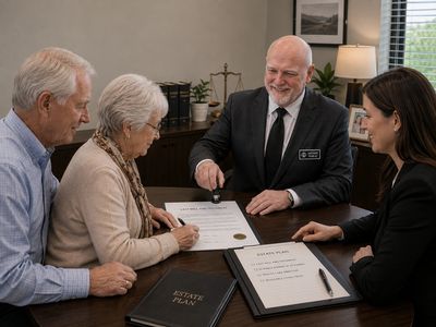Senior couple signing estate plan with attorney in office.