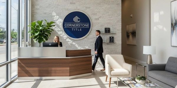 Modern reception area of Cornerstone Title with staff and seating.