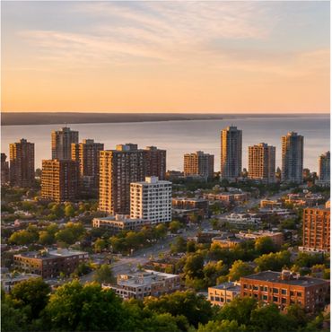 Sunset over a city skyline with high-rise buildings and a body of water.