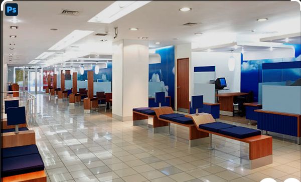 Modern office waiting area with wooden and blue cushioned benches.