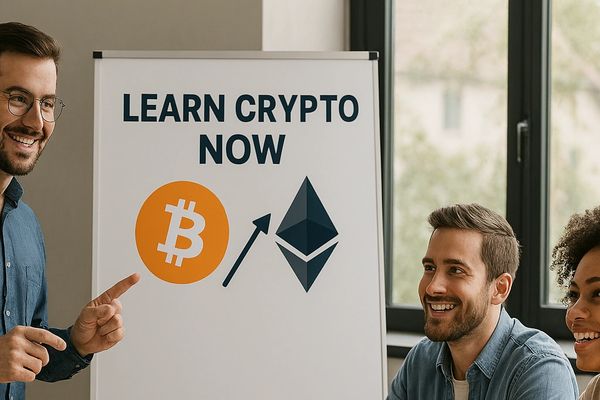 The image shows a confident crypto expert leading a hands-on session with three enthusiastic student