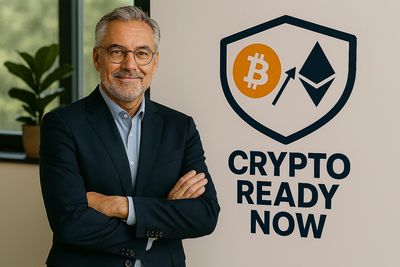Confident businessman stands beside a crypto investment promotion sign.