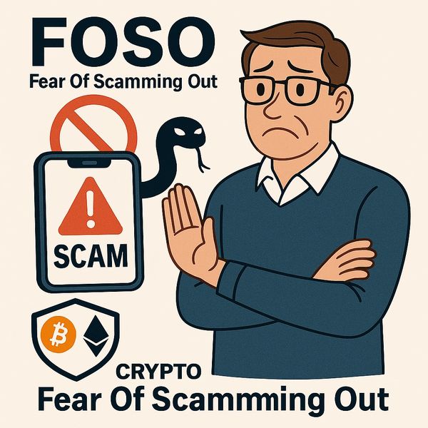 Illustration showing fear of crypto scams with a cautious man and scam warning signs.