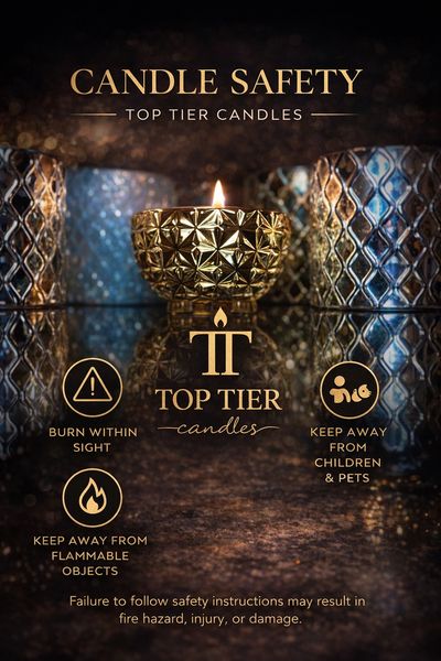 Elegant candle safety tips with decorative candles in the background.