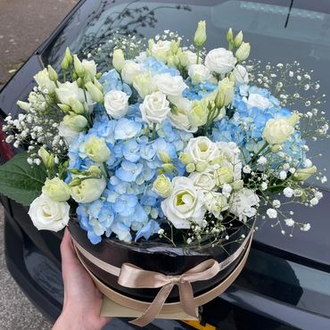 Round shaped box with blue hydrangea and white lisianthus for the birthday girl.
Free delivery in Mi