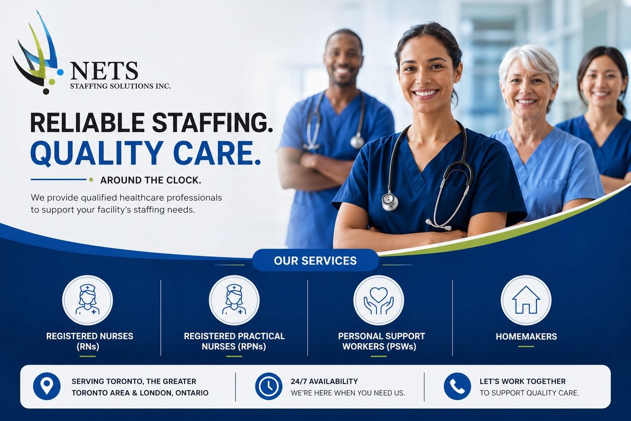 Healthcare staffing services with smiling nurses and quality care message.