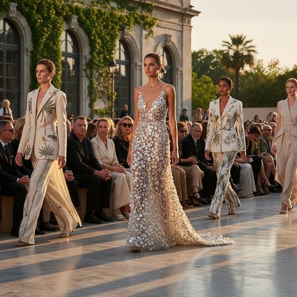 Models display couture floral and sequin designs on a sunlit ramp, exuding elegance and exclusivity.