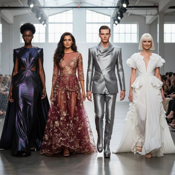 Four models showcase elegant and diverse high-fashion outfits on a runway.