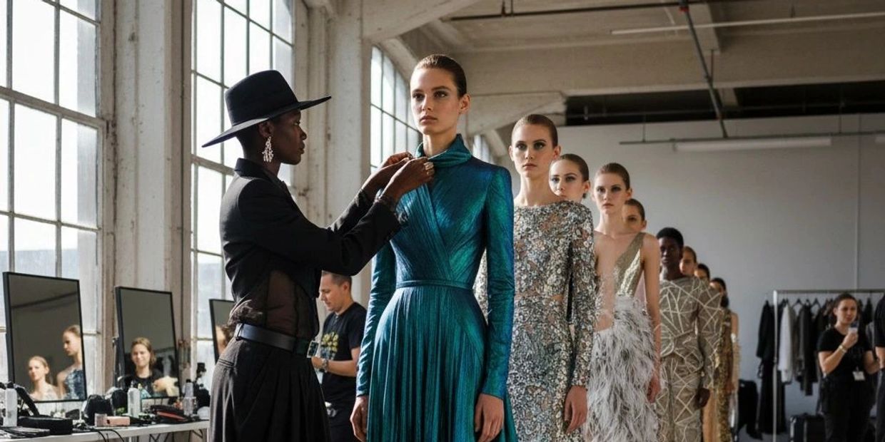 Fashion designer adjusts model's dress in a studio with models lined up.