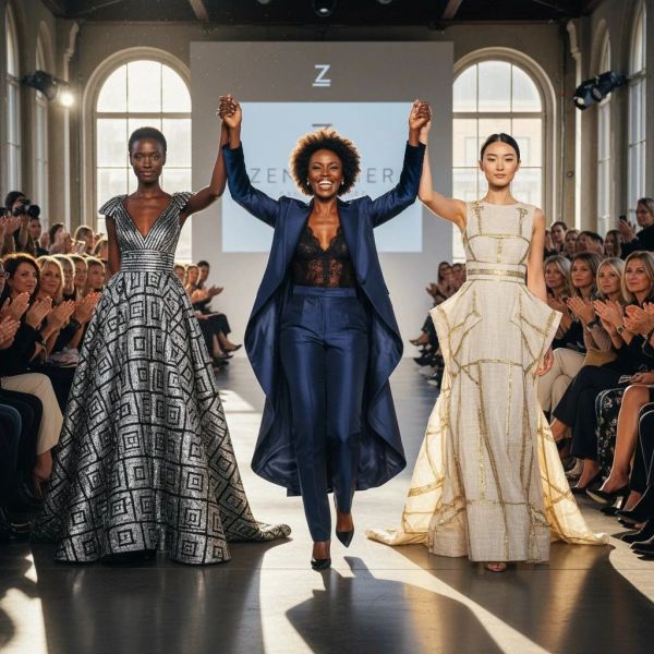 Three women celebrate at a fashion show runway finale, holding hands and smiling.