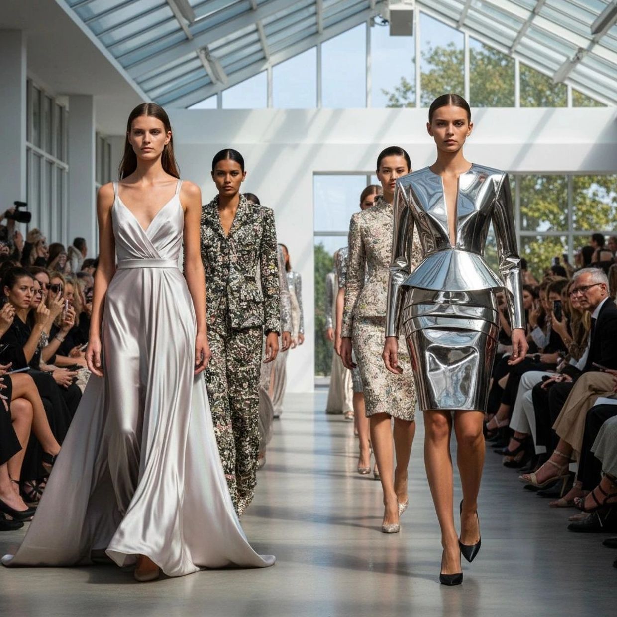 Models strut down a sunlit runway in elegant and futuristic outfits.