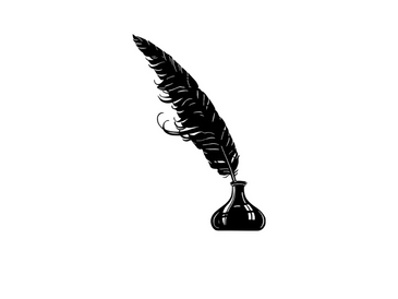 Black feather quill dipped in an ink bottle, classic writing tool.