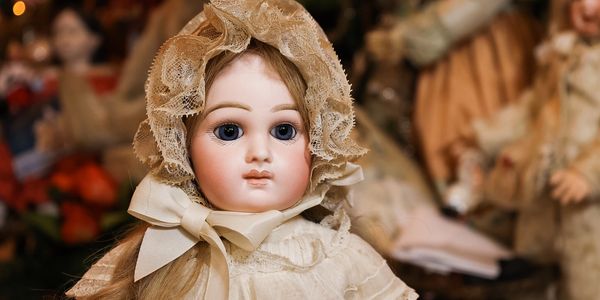 Close-up of an antique porcelain doll with blue eyes and lace bonnet.