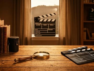 A vintage study with a magnifying glass and film clapperboards on a wooden desk.