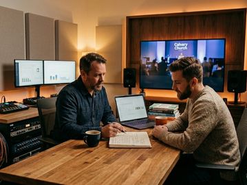 Two men discussing notes at a wooden table in a modern office with screens.